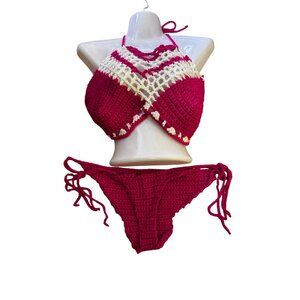 Handmade Crochet Bikini Set Pink & White Halter Top Knit Sexy Swimsuit Large Hot